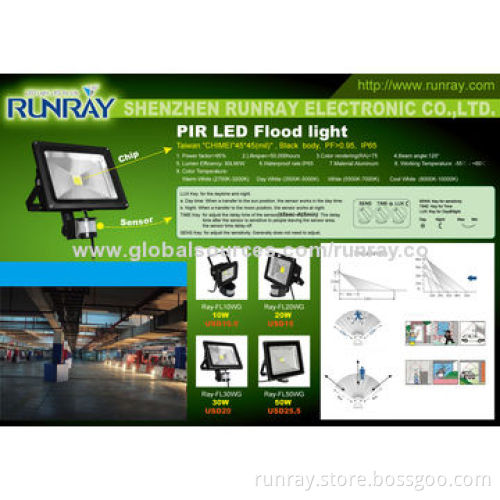 Competitive 50W PIR LED Floodlight, >0.95 Power Factor, 110lm/W, 85-265 AC/12-24V DC, CE/RoHS Marked